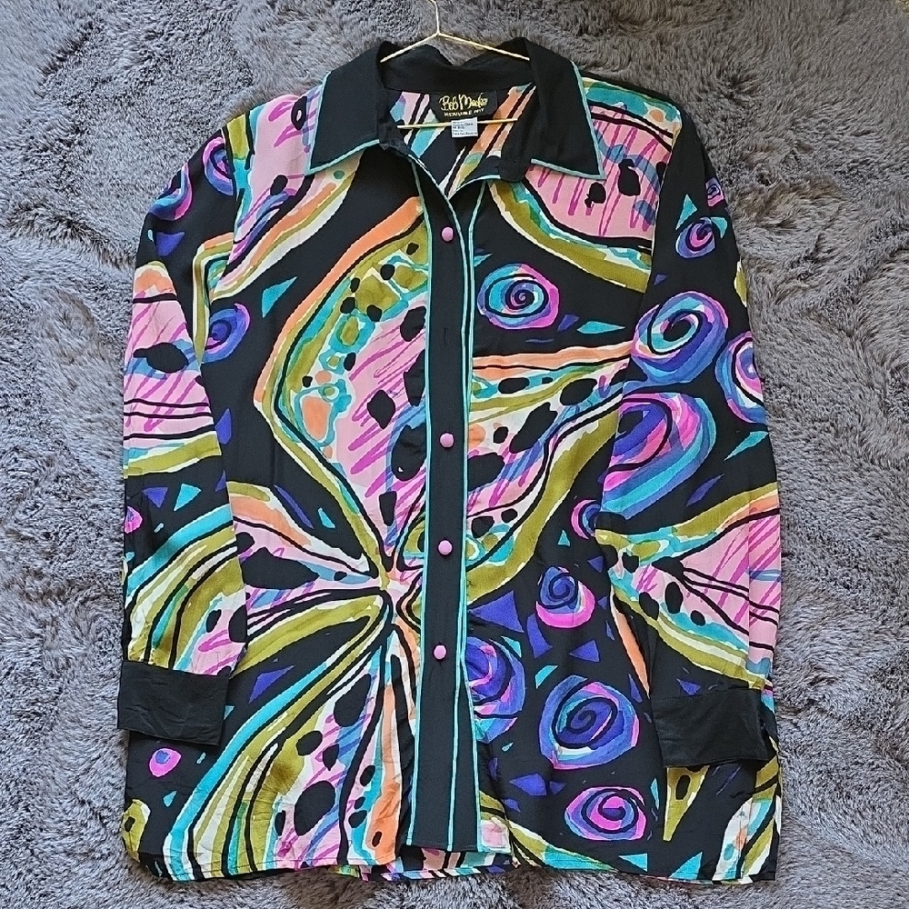 Bob Mackie Black Silk Blouse Wearable Art Tunic Length VTG Large
